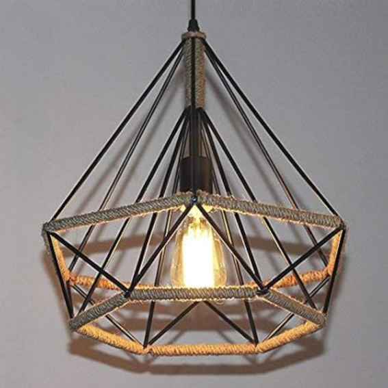 YHPL5-Industrial Pendant Light Retro Metal Cage Hanging Lamp with Rope Design Diamond Shape Ceiling Fixture - Image 2