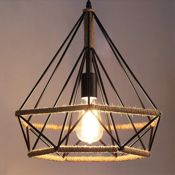 YHPL5-Industrial Pendant Light Retro Metal Cage Hanging Lamp with Rope Design Diamond Shape Ceiling Fixture